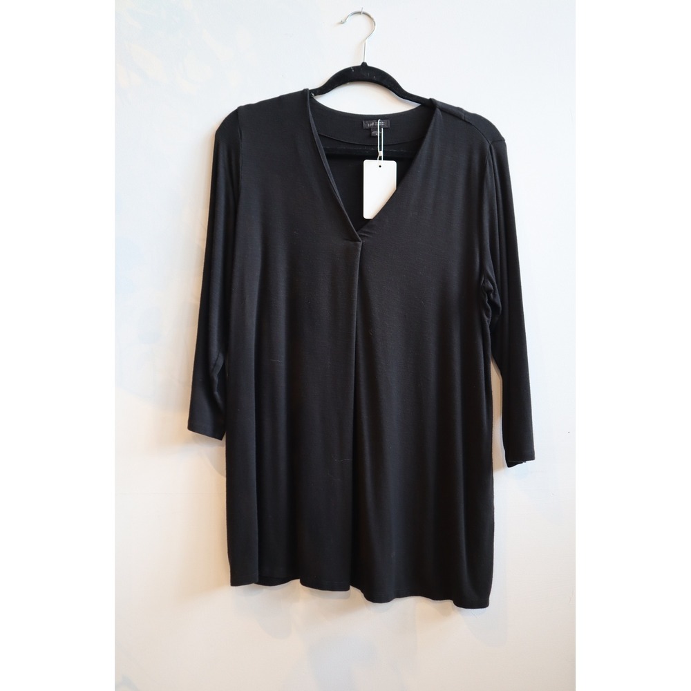 J. Jill Wearever Black V-Neck Pleated Tunic Top 3/4 Sleeve Size M